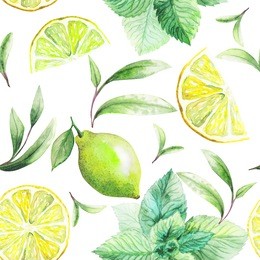 nice handmade pattern of tea leafs and citrus fruits: lemon, grapefruit, orange, mint, lime. watercolor. 