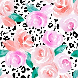 seamless pattern with abstract watercolor flowers. pink roses on a white background and spots on a leopard skin.