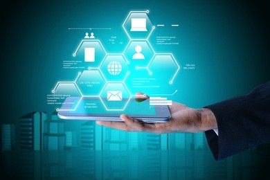 man showing networking on mobile phone in color background 