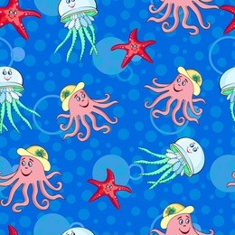 seamless pattern with sea inhabitants on a blue background with bubbles.starfish, octopus, jellyfish.vector illustration on the marine theme.