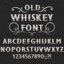 old whiskey  label font and sample label design with decoration. vintage font. fine label font. handcrafted font. decoration font. font style. retro font. old font