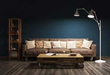 modern evening interior of living room with sofa, floor lamp against of brown wall 3d render