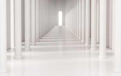 corridor with roman pillars and bright light at the exit, 3d rendered