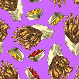 seamless background with a pattern of french fries and sauces