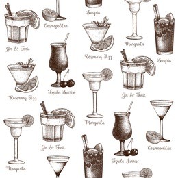 vector seamless  pattern with vintage alcoholic cocktails sketch isolated on white. ink hand drawn drinks and ingredients background for bar or restaurant menu