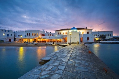 town of mykonos as seen from the old harbor.