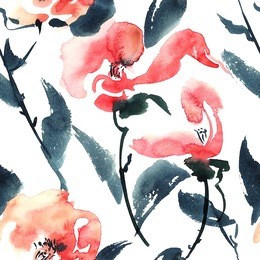 watercolor and ink illustration of red flowers in style sumi-e, u-sin. oriental traditional painting.  seamless pattern.