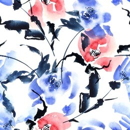 watercolor and ink illustration of flowers in style sumi-e, u-sin. oriental traditional painting.  seamless pattern.