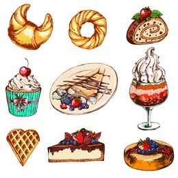 set with desserts: cupcake, ice cream, sweet roll, cake,pancakes. hand drawn vector illustration. dessert in vintage style.