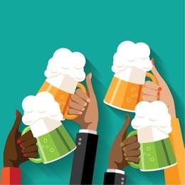 st. patrick's day or oktoberfest toasting hands beer party poster. eps 10 vector. people clinking beer glasses. pub, bar, craft beer or microbrewery ad, web page or marketing. copy space. flat design