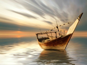 a lonely boat in the middle of the sea 