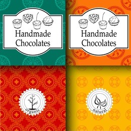 vector handmade chocolates packaging templates and design elements for candy shop - cardboard with emblems, logos and seamless patterns.