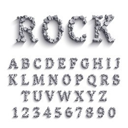 vector realistic font made of rocks with shadows. latin alphabet from a to z and numbers from 1 to 0.