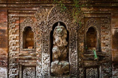 rangda the demon queen statue in ubud palace, bali, indonesia.