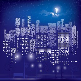 city lights. vector illustration of city with lighting windows, the moon, trees, lamps and benches in autumn time. holidays concept.