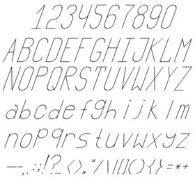 a complete set of letters, numbers and punctuation marks. an italic font. chopped font. thin and high.