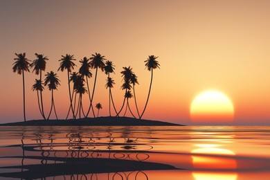orange sunset over tropical coconut island