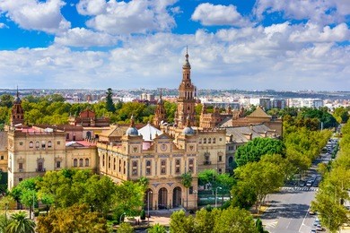 seville, spain cityscape with plaza de espana buildings.