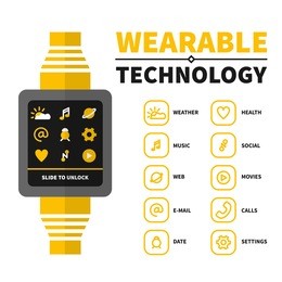 vector illustration of wearable technology: smart watch and set of 12 icon for various applications.flat and linear design. concept for modern gadgets, devices, internet of things.