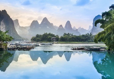 landscape of guilin, li river and karst mountains. located in the ancient town of xingping, yangshuo county, guilin city, guangxi province, china.