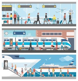 transportation and travel banner set: business people and tourists at the airport, at the railway station and boarding on a luxury cruise ship