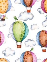 seamless pattern with air balloons and clouds in pastel colours.watercolor air ballons beautifully decorated on white background with pastel cloud and little bird.perfect for wallpaper,kids texture