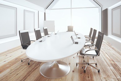 luxury conference room with oval table and chairs on wooden floor, 3d render