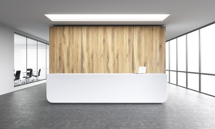 empty office, white reception at wooden wall. panoramic window right, meeting room left. concept of reception. 3d rendering