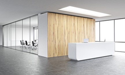 empty office, white reception at wooden wall. panoramic window right, meeting room behind. concept of reception. 3d rendering