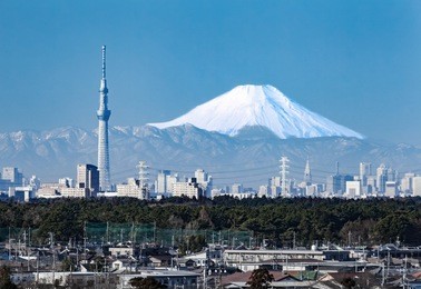 tokyo city view , tokyo sky tree with tokyo downtown building and winter mountain fuji in background.

