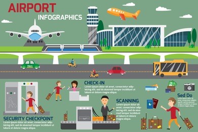 airport business infographics template and travel element with worker and 
the tourists. vector illustration.