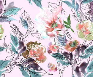 seamless pattern watercolor hand drawn artwork illustration peony with doodle leaves blue pale trendy fabric design