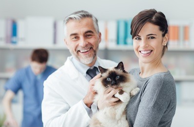smiling woman and her cat at the veterinary clinic, a doctor is examining the pet