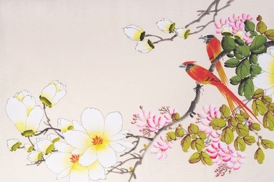 traditional chinese painting of flowers and two birds on tree