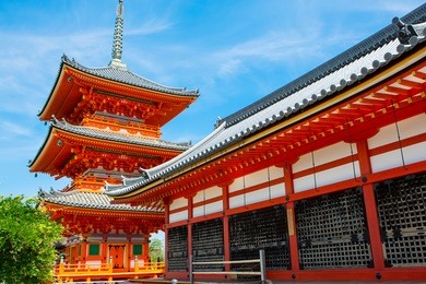 part of kiyomizu-dera temple in kyoto, japan on warm spring or summer day.