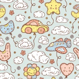 kids toys. beach inflatable toys. balloons. kawaii toy. hand drawn doodle clouds, star, heart, cat, car, airplane, flower, moon, rabbit  - vector seamless pattern. cute background for kids
