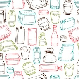 product packaging vector seamless pattern. food and drink packing. hand drawn doodle: cans and bottles, plastic boxes, cardboard and paper package blank objects