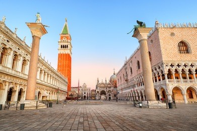 piazza san marco with doge's palace and campanile on sunrise, venice, italy