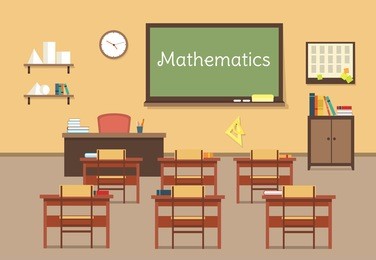 vector flat illustration of mathematic classroom at the school, university, institute, college. desks with books rulers, prism, pyramid, table, barrel. lesson for diploma, teaching and learning