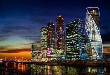 moscow international business center at night, russia