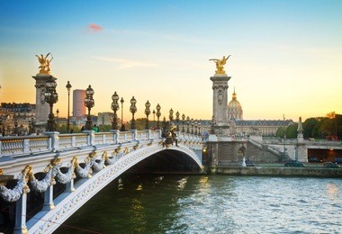 alexandre iii bridge at sunset in  paris, france, retro toned