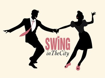 handsome man and pinup girl dancing swing