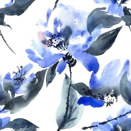 watercolor and ink illustration of flowers in style sumi-e, u-sin. oriental traditional painting.  seamless pattern.