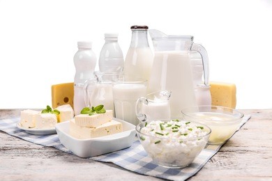 dairy products on old wooden table
