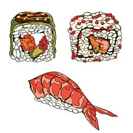 japanese food. sushi and rolls. vector isolated objects on white background.