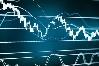 business graphs on the monitor. stock chart on the screen. stock graph chart at exchange market screen. forex market. investment. financial concept. trading software window on pc screen, close-up.