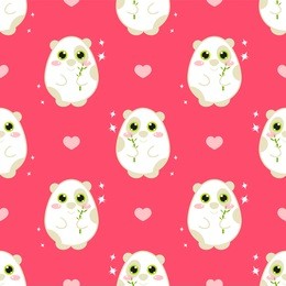 seamless vector pattern. kawaii cute hamster with branch and hearts on colored background. flat cartoon style 