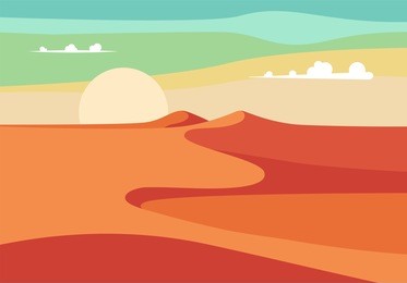 group of people with camels caravan riding in realistic wide desert sands in middle east.  editable vector illustration