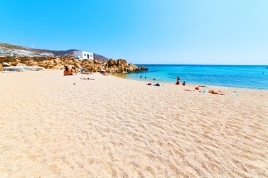 in      greece  the mykonos island rock sea and beach    sky