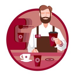 barista at work, holding a coffee cup, vector icon illustration